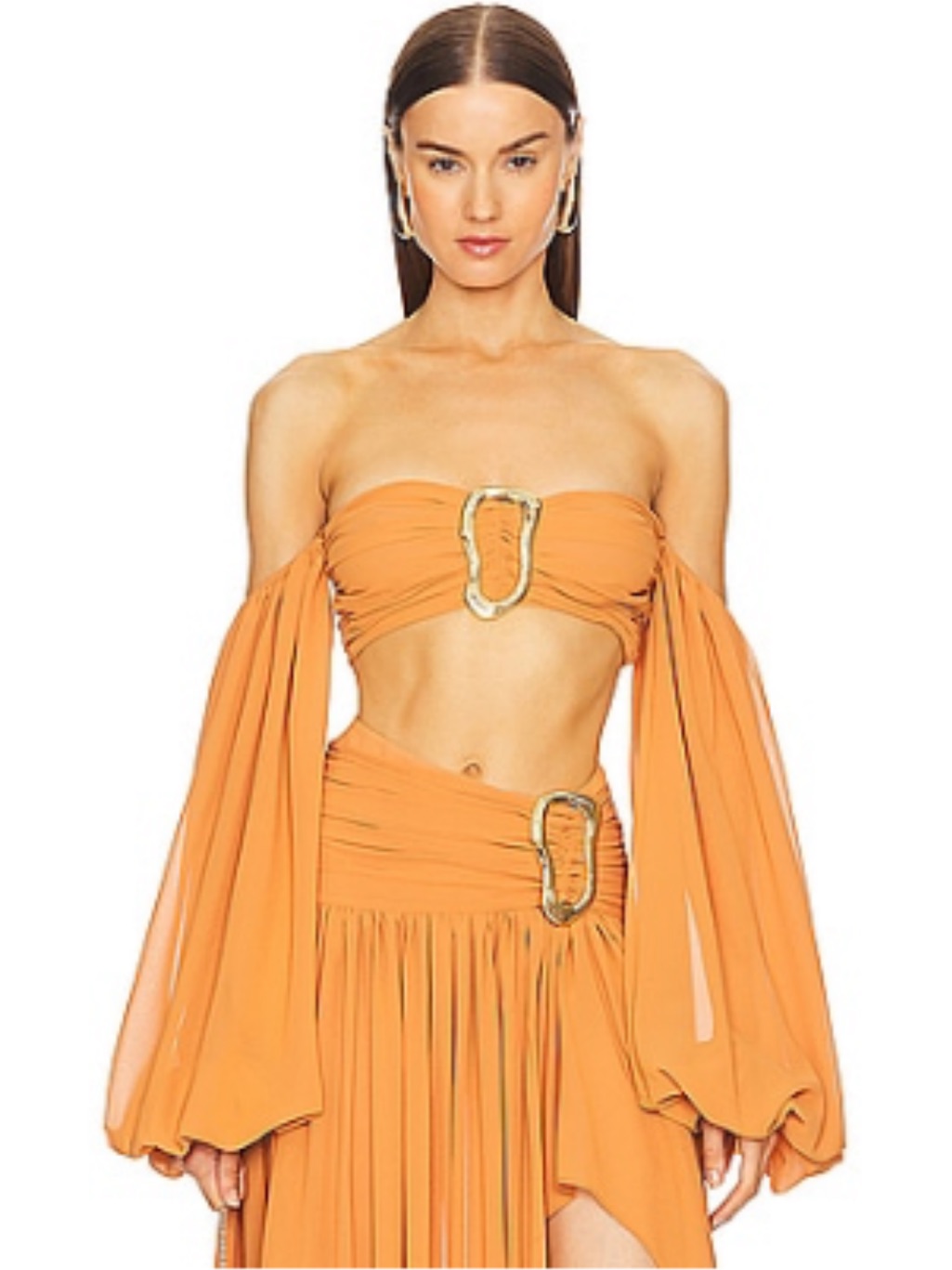 Michael Costello Orange One-Shoulder Gown With Sculptural Gold Accent